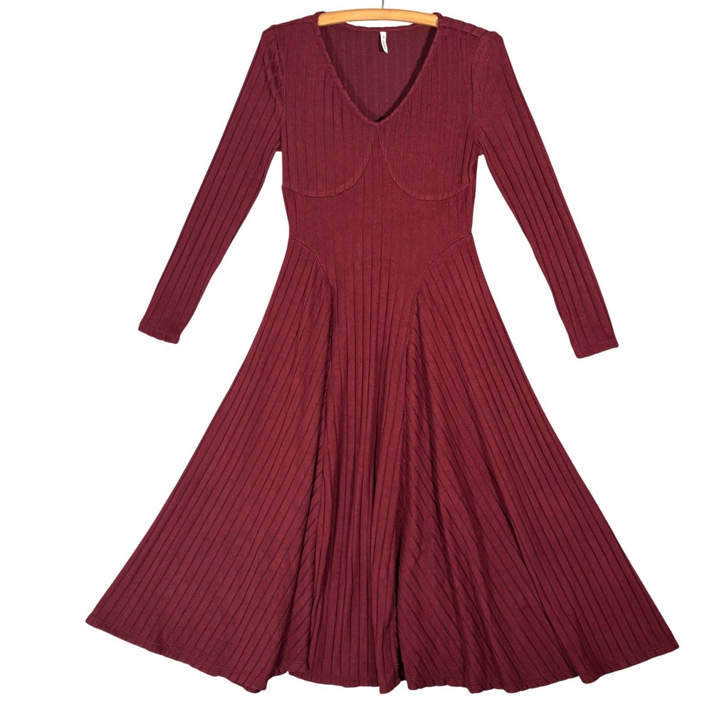 Halara Womens Burgundy Ribbed Knit Long Sleeve Fit and Flare Midi Dress Medium